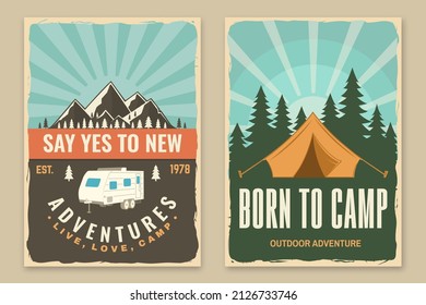 Set of camping retro posters. Vector illustration. Concept for shirt or logo, print, stamp or tee. Vintage typography design with camping tent, forest and mountain silhouette
