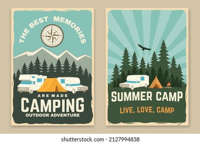 Set of camping retro posters. Vector illustration. Concept for shirt or logo, print, stamp or tee. Vintage typography design with motor home, forest and camper compass silhouette