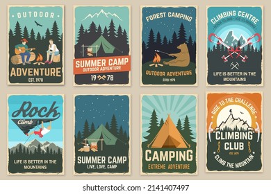 Set of camping retro posters. Vector illustration. Vintage typography design with climber, bear and campfire, carabiners, climbing cams, hexes, camper tent, axe, mountain, man with guitar.