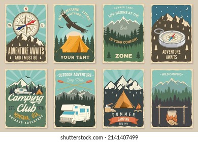 Set of camping retro posters. Vector illustration. Vintage typography design with motor home, camping tent, mountain, boiling pot at the campfire, forest and compass silhouette.