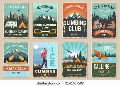 Set of camping retro posters. Vector. Concept for patch, shirt, print, stamp or tee. Vintage typography design with kayak, climber on the ice mountains, canoe, paddle, camping tent and forest.