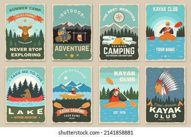 Set of camping retro posters. Vector. Concept for shirt or print, stamp, travel badge. Vintage typography design with kayaker, american indian, elk, forest, mountain, man with guitar, kayaker