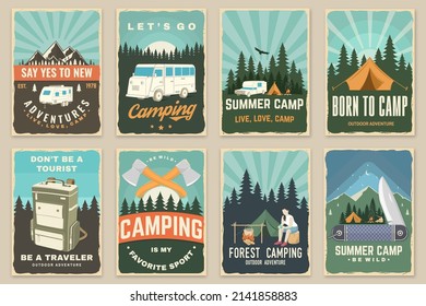 Set of camping retro posters. Vector. Outdoor adventure. Vintage typography design with backpack, motor home, camping tent, trailer, forest and camper silhouette.