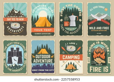 Set of camping retro posters. Vector illustration. Concept for shirt or logo, print, stamp or tee. Design with campfire, mountains, coffee, knife, mountains, deer, binoculars and forest silhouette.