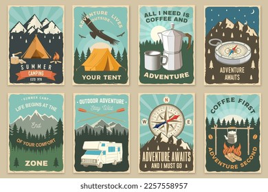 Set of camping retro posters. Vector illustration. Vintage typography design with motor home, camping tent, mountain, boiling pot at the campfire, forest and compass silhouette.