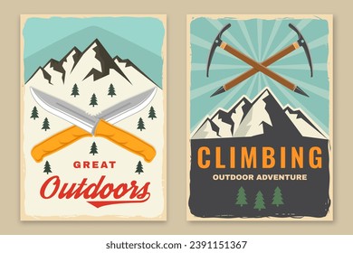 Set of camping retro posters. Vector illustration. Vintage typography design with forest pine tree, camping knives, mountain, forest and climbing ice-axe.