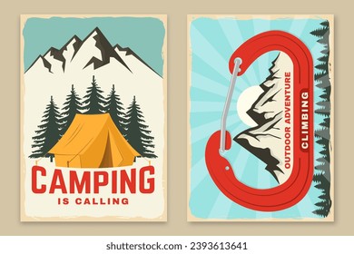 Set of camping retro posters. Vector. Vintage typography design with forest pine tree, camping tent, mountain and old metal climbing ice-axe silhouette. Outdoors adventure