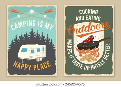 Set of camping retro posters. Vector illustration. Concept for shirt or logo, print, stamp, patch or tee. Vintage typography design with camper rv, steak in a pan, campfire, forest and mountain