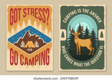 Set of camping retro posters. Vector illustration. Flyer, brochure, banner template design with travel inspirational quotes, landscape, deer, camping tent, forest and mountain silhouette.