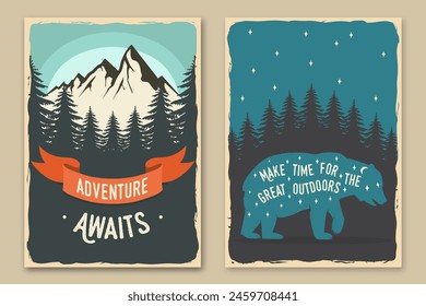 Set of camping retro posters. Vector illustration. Flyer, brochure, banner template design with travel inspirational quotes, landscape, bear, campfire, forest and mountain silhouette.