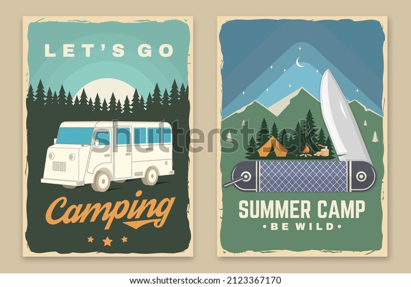 Set of camping retro posters. Vector\
illustration. Concept for shirt or logo, print, stamp, patch or\
tee. Vintage typography design with camping tent, trailer, forest\
and mountain silhouette.