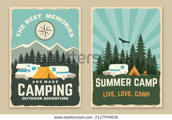 Set of camping\
retro posters. Vector illustration. Concept for shirt or logo,\
print, stamp or tee. Vintage typography design with motor home,\
forest and camper compass\
silhouette