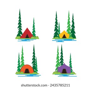 Un conjunto de sitios de camping en el bosque con tiendas de estilo plano. Vector concepto de vacaciones de verano y senderismo por la naturaleza