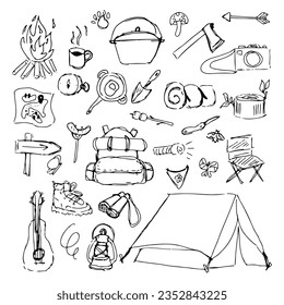 set camping sketches, vector set, tent, campfire, guitar, clothes	