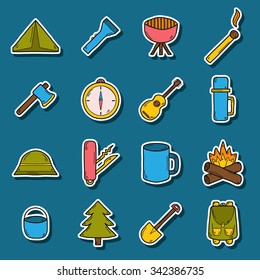 Set Of Camping Stickers In Hand Drawn Style: Tent, Flashlight, Match, Compass, Thermos. Expedition Concept