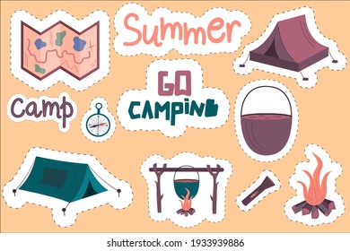 A set of camping stickers. Tents, lettering, and a bonfire with a white outline and a dotted line. Outdoor recreation. Vector illustration in a simple linear style.