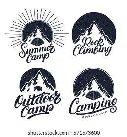 Set of Camping, Summer Camp, Outdoor and Rock Climbing vintage logos, emblems, labels, badges with sun, mountains, tent and bear. Isolated on white background. Vector illustration.