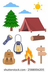 Set of camping supplies cartoon, camping elements collection, summer camp elements