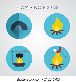Set of camping symbols and icons. Flat design on blue buttons background. Summer vacation 2015 logo. Vector