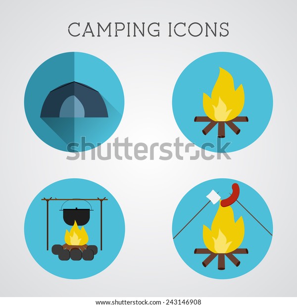 Set of\
camping symbols and icons. Flat design on blue buttons background.\
Summer vacation 2015 logo.\
Vector