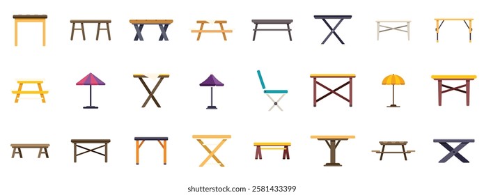 Set of camping tables and picnic benches featuring various designs, materials, and configurations, ideal for outdoor dining and recreation