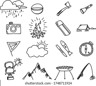 A Set of camping template icons suitable for art, fantasy, science, interior, animal, finance, character, travel, tourism, transportation, people, monster and music content with doodle cartoon style