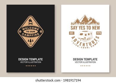 Set of camping template. Vector. Flyer, brochure, banner, poster design with campfire, mountain, camper trailer and forest silhouette.