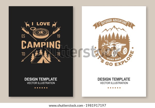 Set of camping template. Vector. Flyer,\
brochure, banner, poster design with quad bike, tent, mountain,\
camper trailer and forest\
silhouette.
