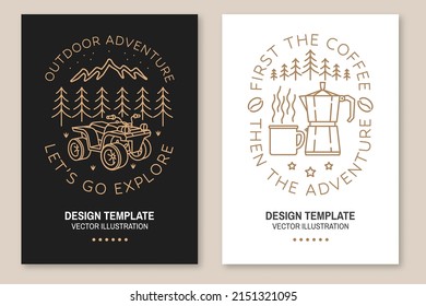 Set of camping template. Vector. Line art flyer, brochure, banner, poster with quad bike, campin cup, Italian coffee maker and forest landscape.