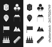 Set Camping tent, Alcohol or beer bar location, Signboard with glass of, Wooden barrels, National Germany flag, Mountains, Harmonica and Pack bottles icon. Vector