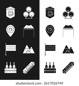 Set Camping tent, Alcohol or beer bar location, Signboard with glass of, Wooden barrels, National Germany flag, Mountains, Harmonica and Pack bottles icon. Vector