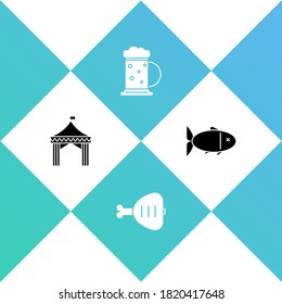 Set Camping tent, Chicken leg, Wooden beer mug and Fish icon. Vector.