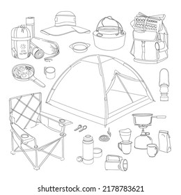 set camping
a tent, a folding chair, dishes, a kettle