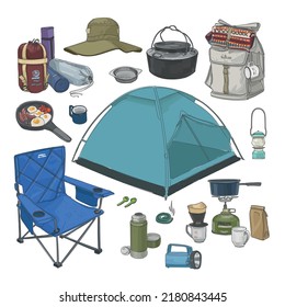 set camping
a tent, a folding chair, dishes, a kettle