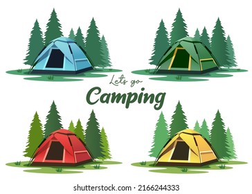 Zeltlager im Wald.  Sammlung von Campingzelt-Vektorgrafik.