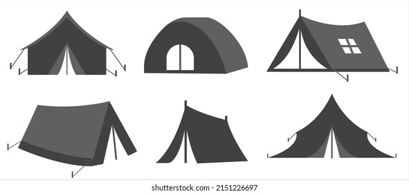 Conjunto de silueta vectorial del icono de carpa de camping sobre fondo blanco