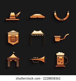 Set Camping tent, Musical instrument trumpet, Wooden beer mug, Smoking pipe, Signboard with glass of, Sausage and Oktoberfest hat icon. Vector