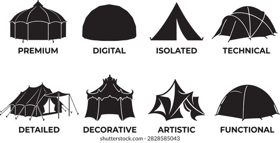 Set of camping tent silhouettes representing outdoor adventure and travel equipment.
