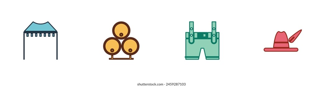 Set Camping tent, Wooden barrels, Lederhosen and Oktoberfest hat icon. Vector