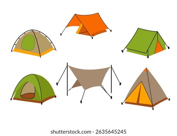 Conjunto de barracas de acampamento. Viagens de verão, exploração de natureza e conceito de viagem de natureza Tendas em forma de quadro A para aventura ao ar livre, caminhadas e acampamento.