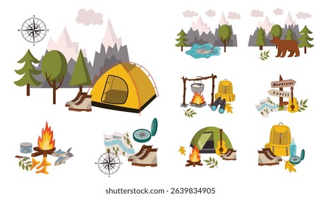 Set of camping theme compositions in cartoon flat style with fireplace, tent, boots, compass, mountains. Fun travel or hiking elements. Great for kids design and adventure decor.