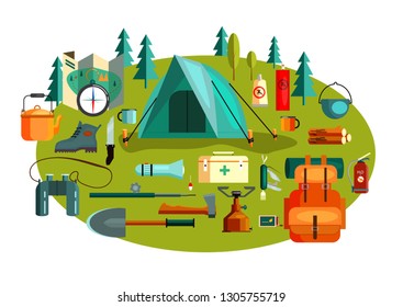Set of camping tools and equipment. Tent, backpack, map, forest. Can be used for topics like tourism, adventure, outdoor activity