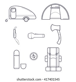 Set of Camping and Tourist Equipment/ Line Art