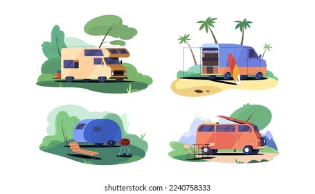 Set of camping trailer cars. Rv caravan transportation. Camper van, summer motorhome or vintage trucks with surfboard, table, barbecue and sunbed flat vector illustrations isolated on white background