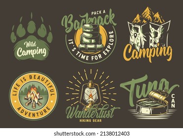 Set of camping and travel emblems or print, patch, including bear footprint, rock, map, campfire, lamp, backpack and tuna fish in tin can