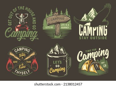 Conjunto de emblemas de camping y de viaje o de impresión, parche, incluido el quemador de gas, el tazón metálico, el puntero, la montaña y la roca, la tienda, el águila y la partida de quema