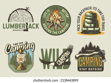 Set of camping and travel emblems or print, patch, including campfire, axe and wood, eagle, lamp, forest and backpack