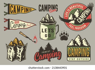 Set of camping and travel emblems or print, patch, including eagle, forest, rock, metal mug, flag, burning match, map and bear footprint