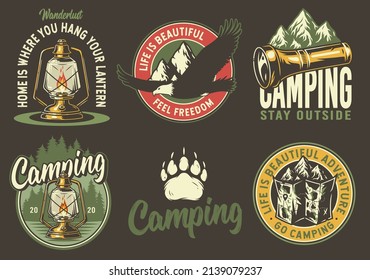 Set of camping and travel emblems or print, patch, including eagle, lamp, forest, flashlight, rock, map and bear footprint