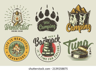 Set of camping and travel emblems or print, patch, including bear footprint, rock, map, campfire, lamp, backpack and tuna fish in tin can